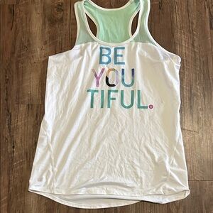 Athleta White Racerback Tank with Multicolor 'BE YOU TIFUL' Graphic
